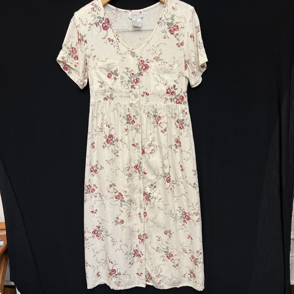 Scarlett Women's 7/8 Floral Midi Dress Rayon/Linen Blend Button Cottagecore